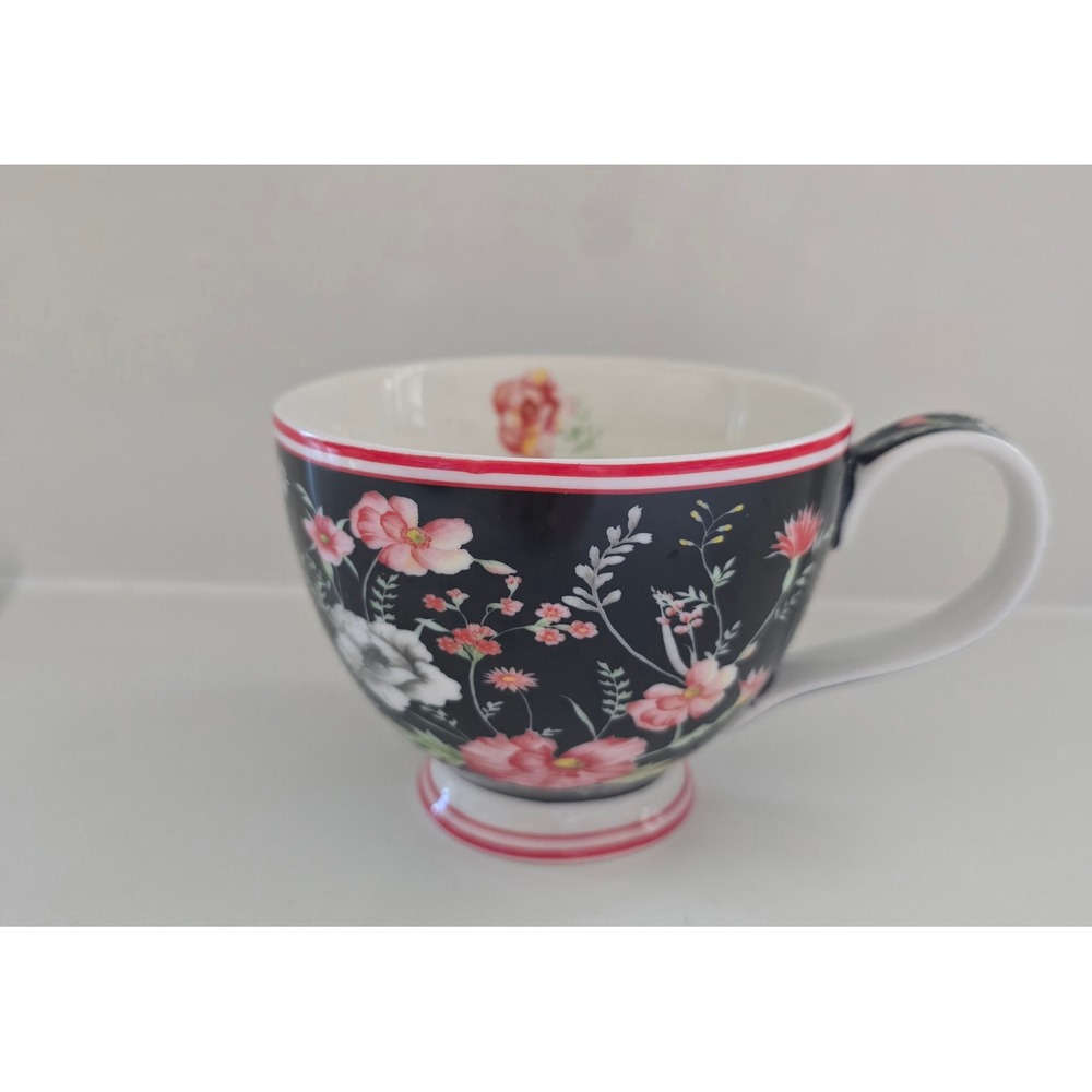 Potters Studio Black Pink Floral Ceramic Footed Tea Cup Mug Botanical Garden